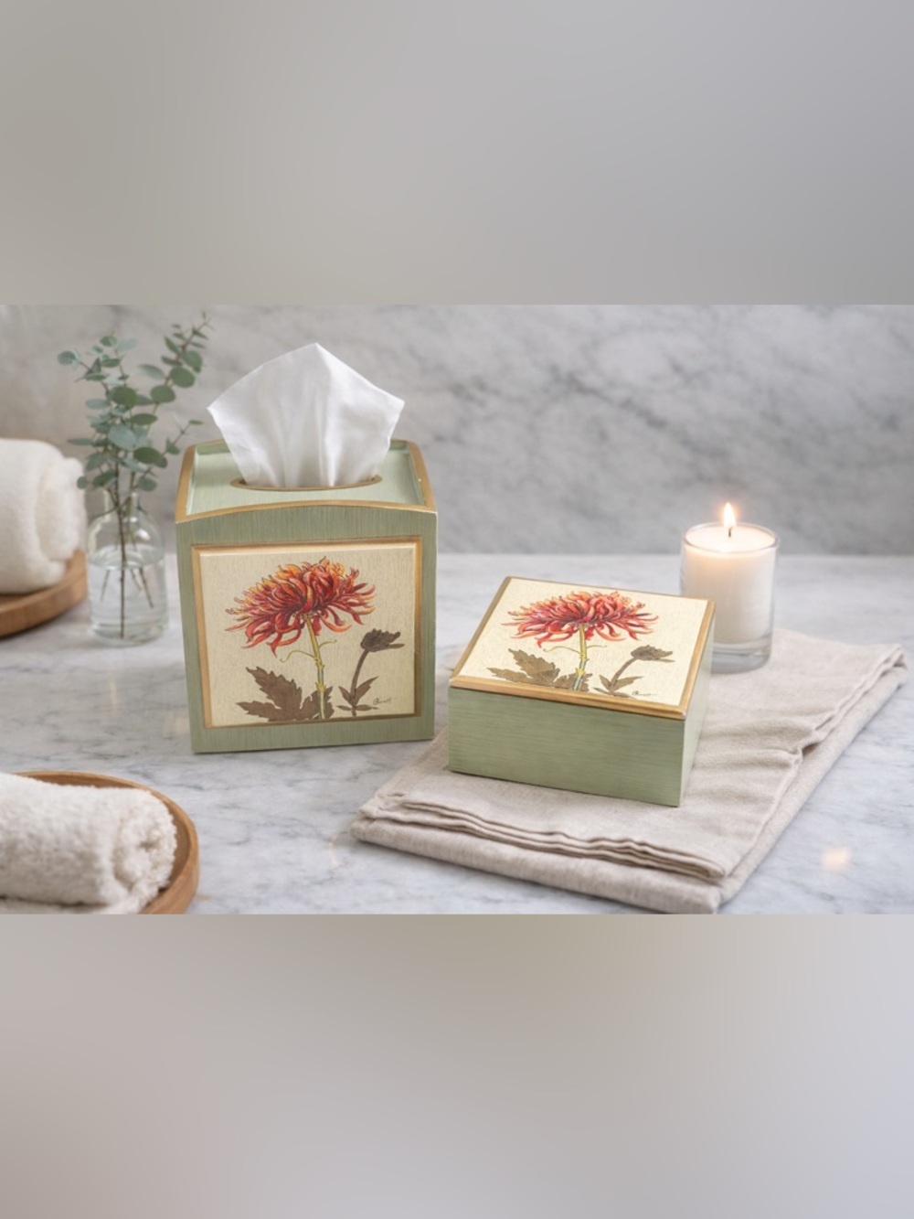 Signed Hand Painted Floral Tissue Box Cover & Trinket Box Set Sage Green Gold